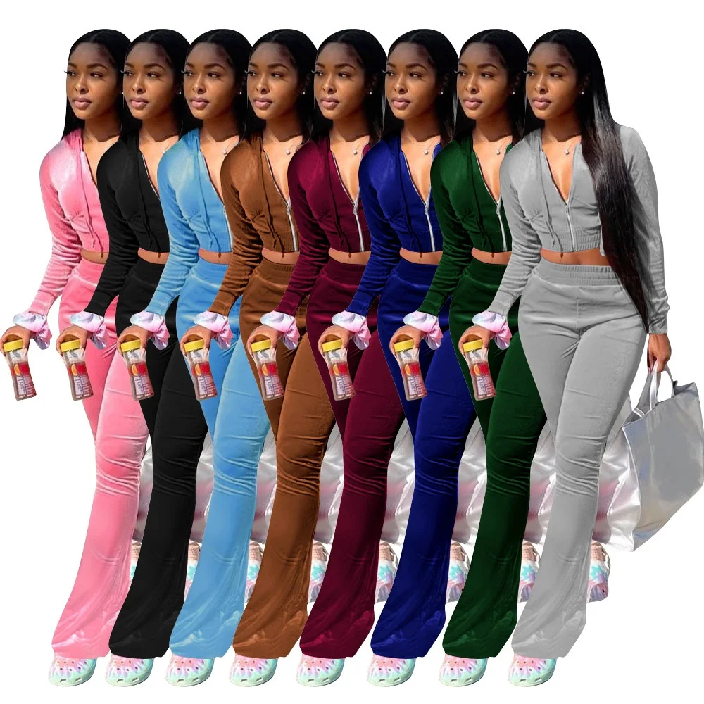 Hooded Crop Top Pants sets Autumn Winter Casual Solid Color Velvet Hoodie fall set woman 2 pcs outfit Zipper Lady Two Piece