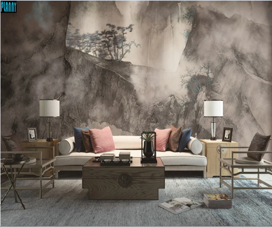 2022 New Design Chinese style landscape with pine tree mural Beautiful wall paper for Living room office hotel