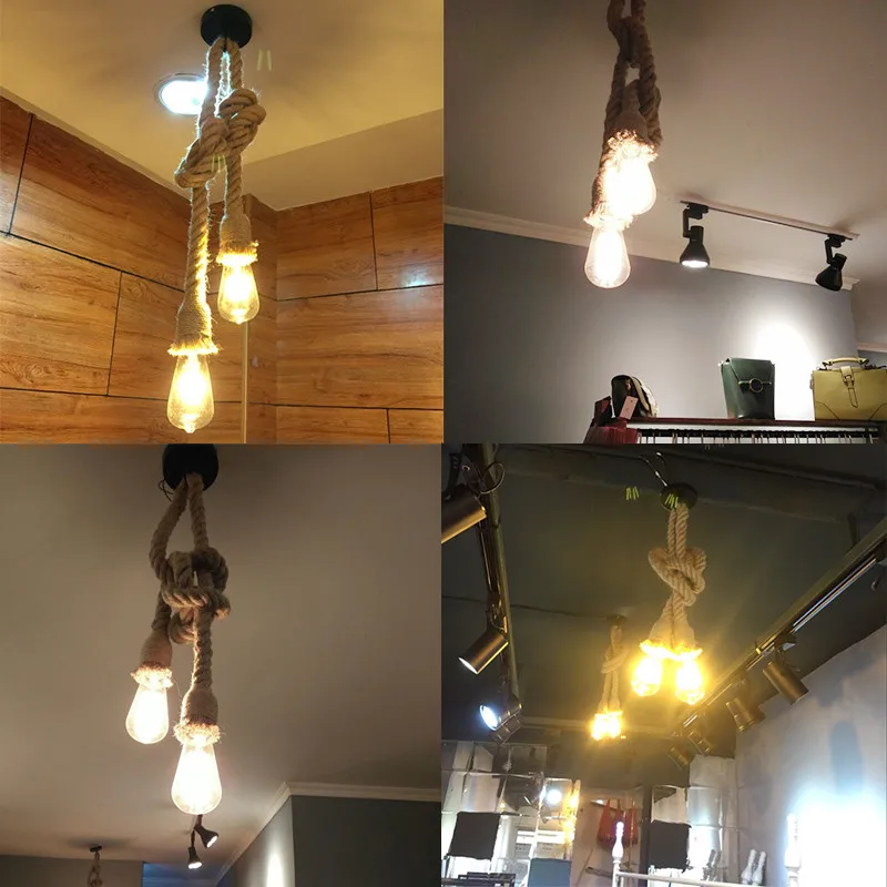 0.5m E27 Hemp Rope Double Head Vintage Hanging Pendant  Light Lamp Industrial Retro Country Style Dining Hall Restaurant Bar