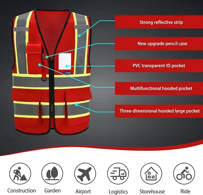 Custom Logo Personalised Printed Reflective Safety Clothing With Pockets Zipper High Visibility Safety Vest for Women Men