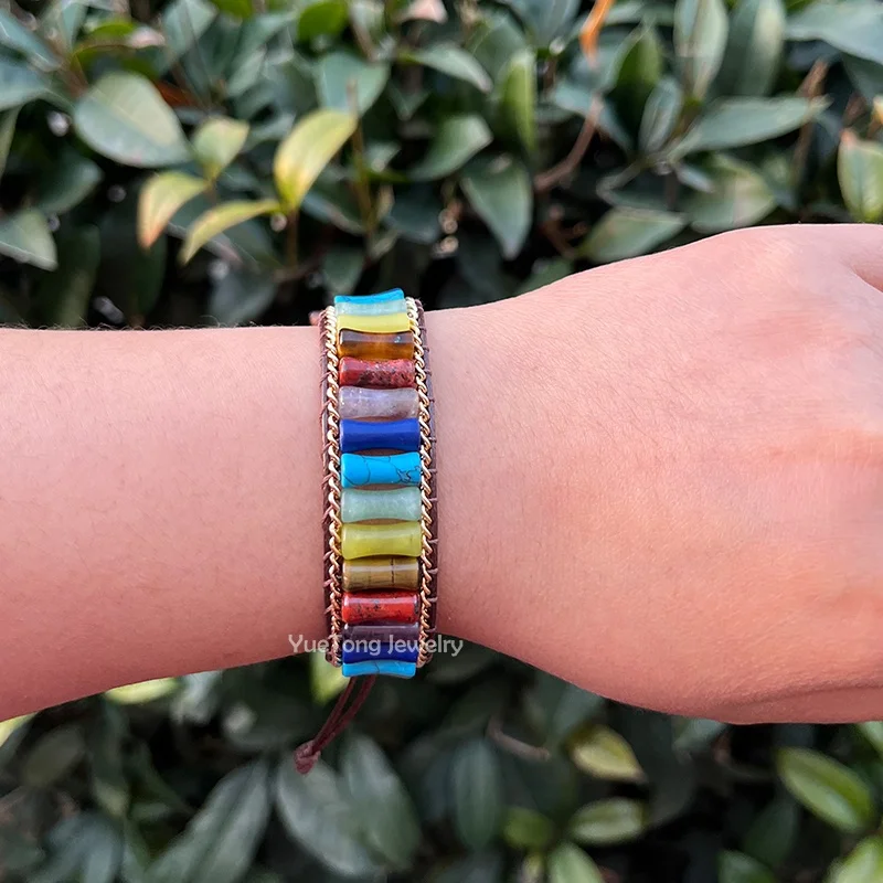 Handmade Natural Stone Bamboo Tube Beads 7 Chakra Single Wrap Cuff Bracelet Vegan Gold Stainless Steel Chain Jewelry Wholesale