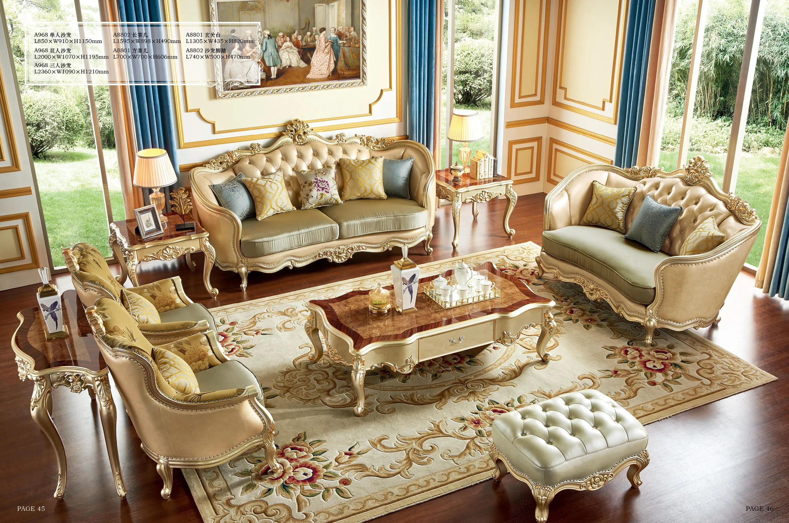 Wooden Classical European style living room furniture luxury exclusive leather sofas royal furniture classic sofa set