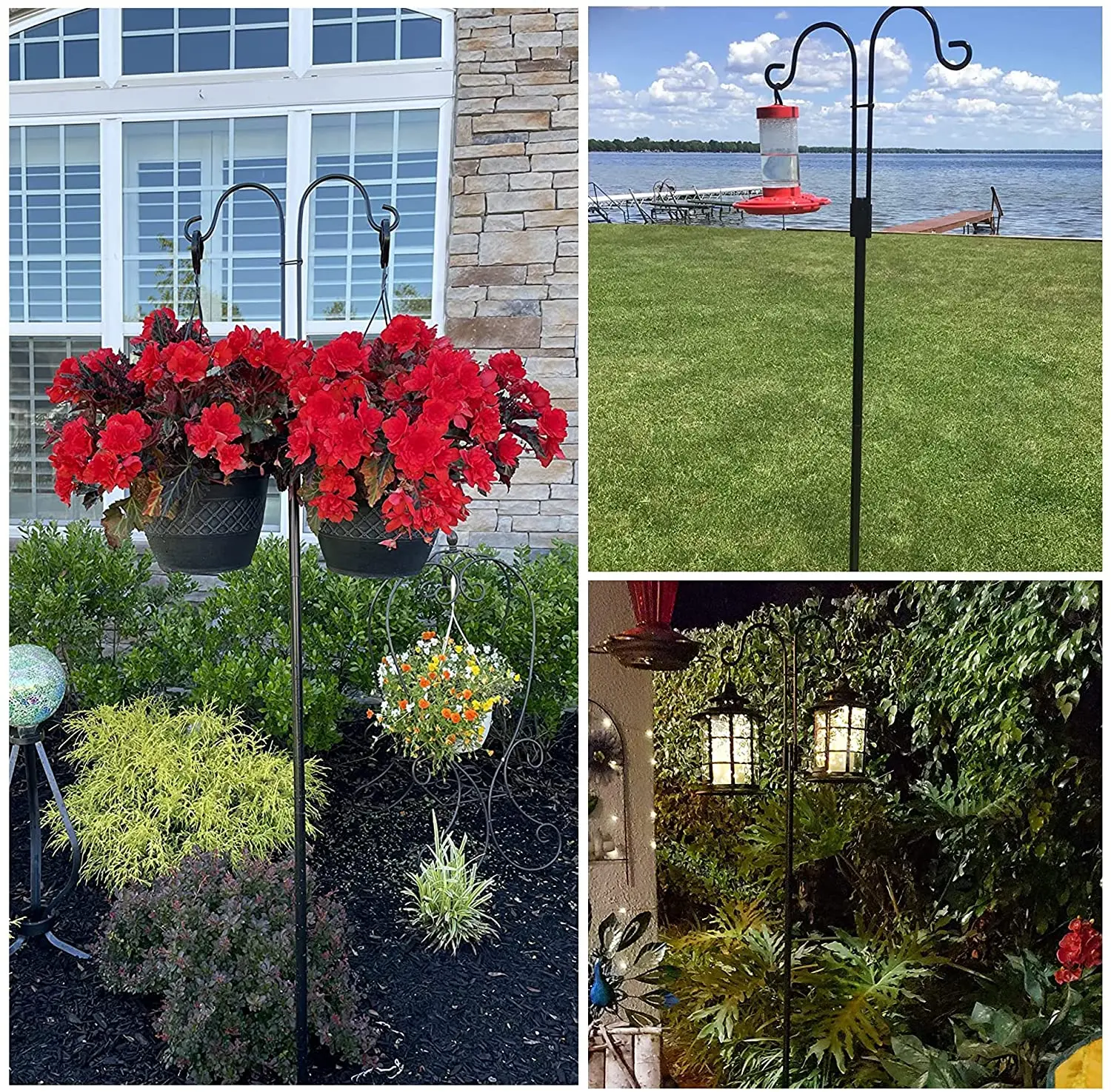 92 Inch Heavy Duty Double Sided Shepherds Hooks for Outdoor Garden Pole for Hanging Bird Feeder Plant Baskets with 5 Base Prongs