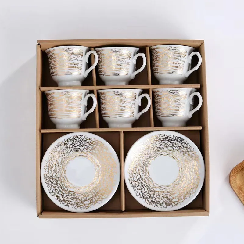 Wholesale 12 Pcs Western Royal Home Decors Ceramic Coffee & Tea Set With Gold Handle