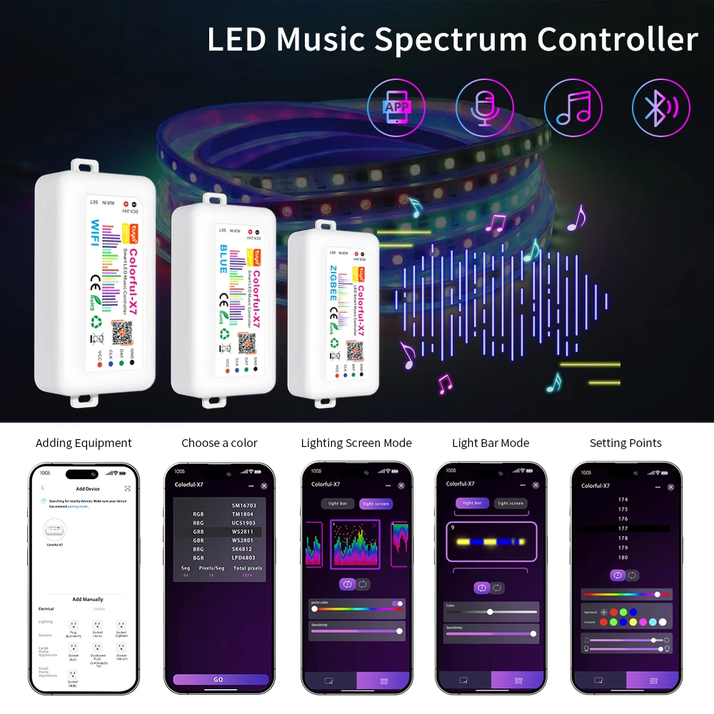 Tuya Smart WiFi Zigbee BT Colorful X7 LED Music Controller SP107E Matrix 1024 Pixels LED Panel Light Music Spectrum Controller