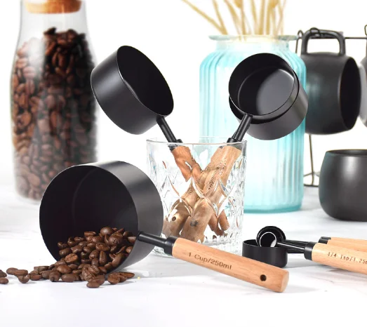 New Design Food Grade Stainless Steel Rose Gold Acacia Mangium Handle High Quality Multi-Scale Baking Measuring Spoon Set