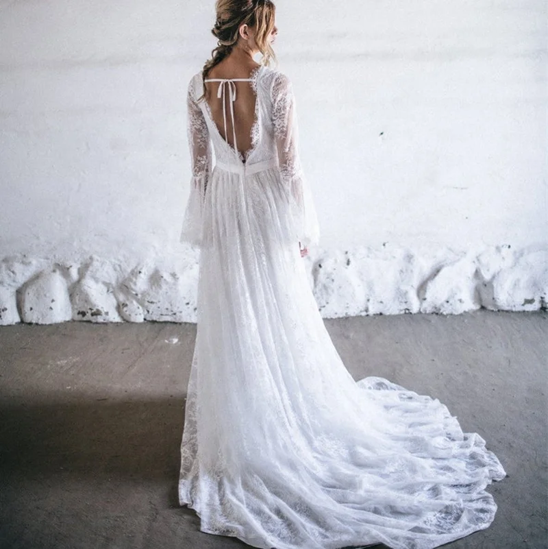 11170#Lace V Neck Bridal Dress Long Sleeve Sweep Train Bohemian Boho Beach Wedding Gown