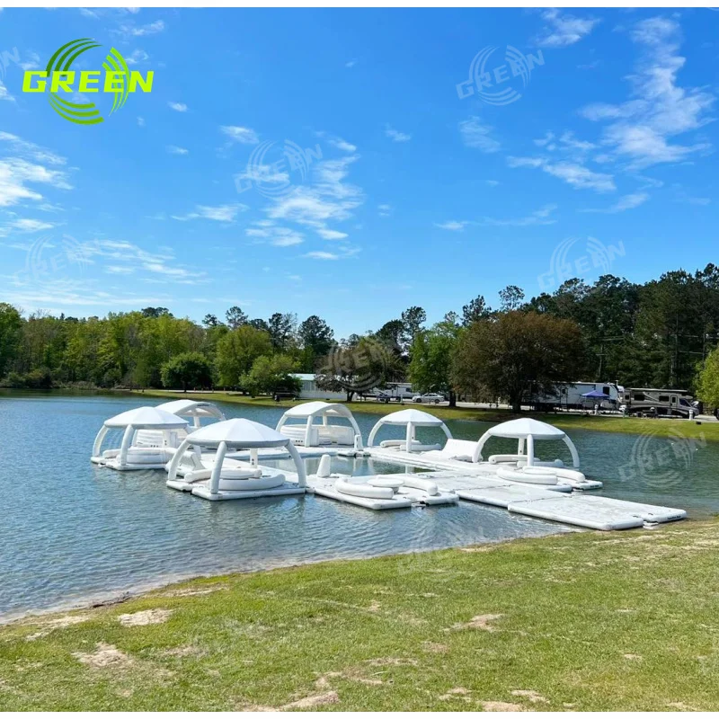 Green inflatable floating slide fish rooftop car tent air lounge chair bathing swim covered circle pool custom inflatable island