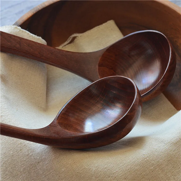 Chinese Wholesale Custom Logo Hotel Dark Brown Long Handle Big Hot Pot Ramen Wood Soup Spoon For Tableware