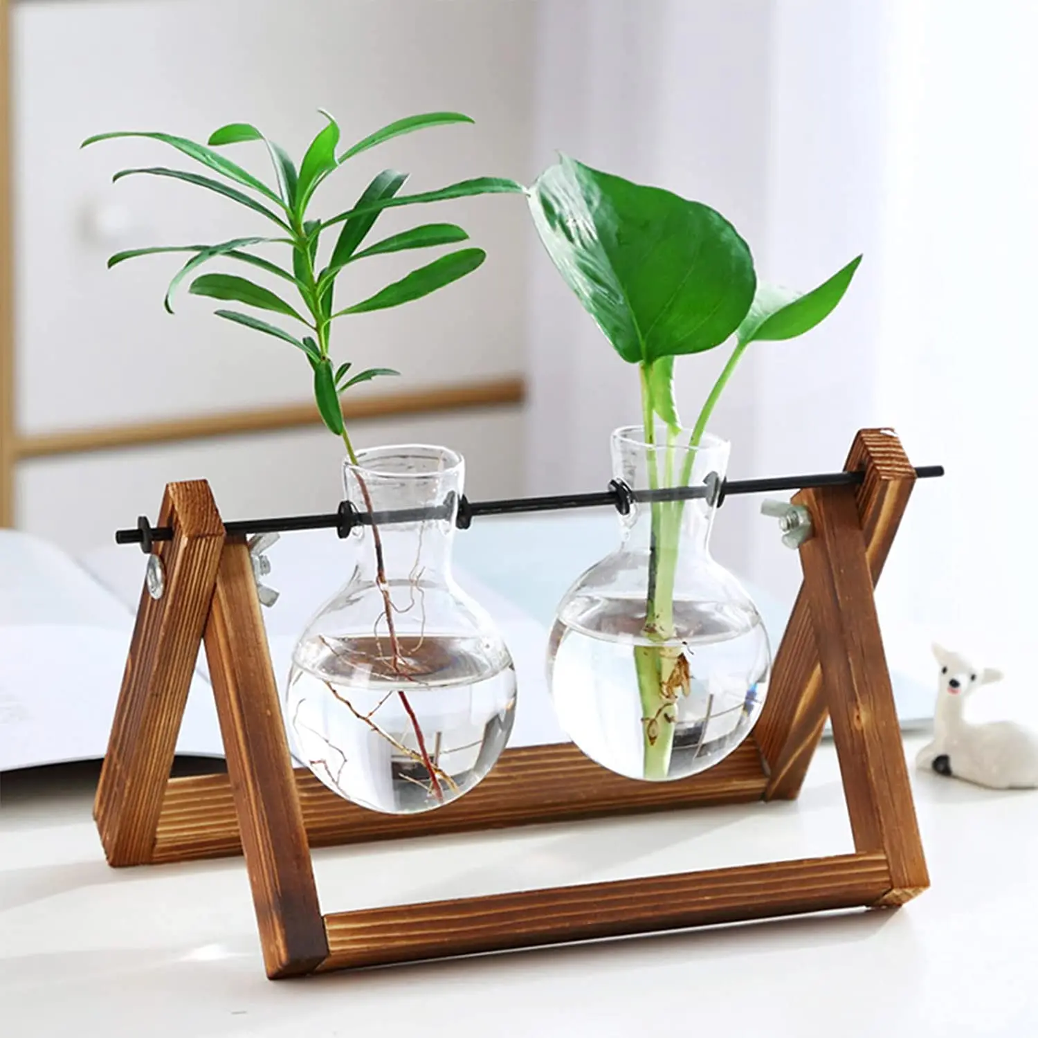 Plant Terrarium with Wooden Stand, Air Planter Bulb Glass Vase Metal Swivel Holder Retro Tabletop