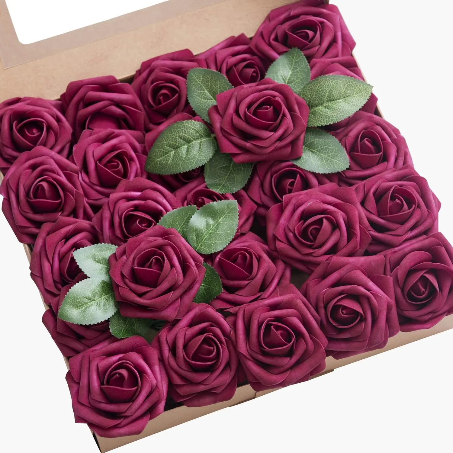 Wholesale 8CM Artificial Rose With Leaves 25PCS Home Decoration PE Simulation Rose Flower Foam Flowers DIY Gift For Wedding