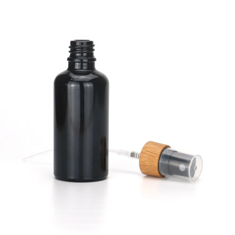 50 ml black glass bottle empty cosmetic serum bottle with bamboo pump 18/410 bamboo wooden spray