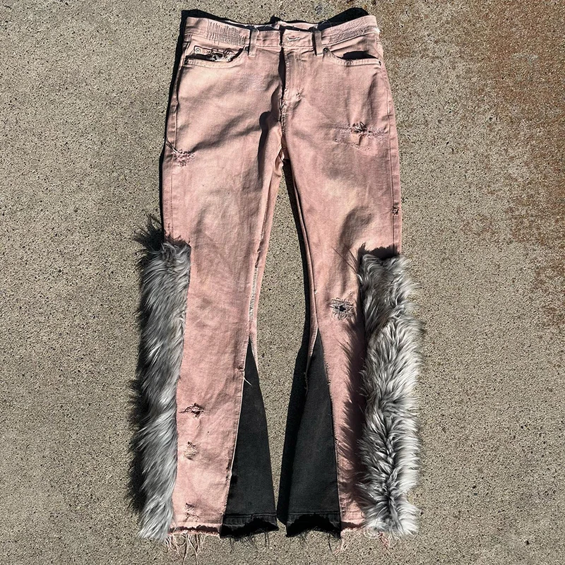 YYSY Custom denim pants skinny jeans stitched patchwork fur stacked jeans pants for men