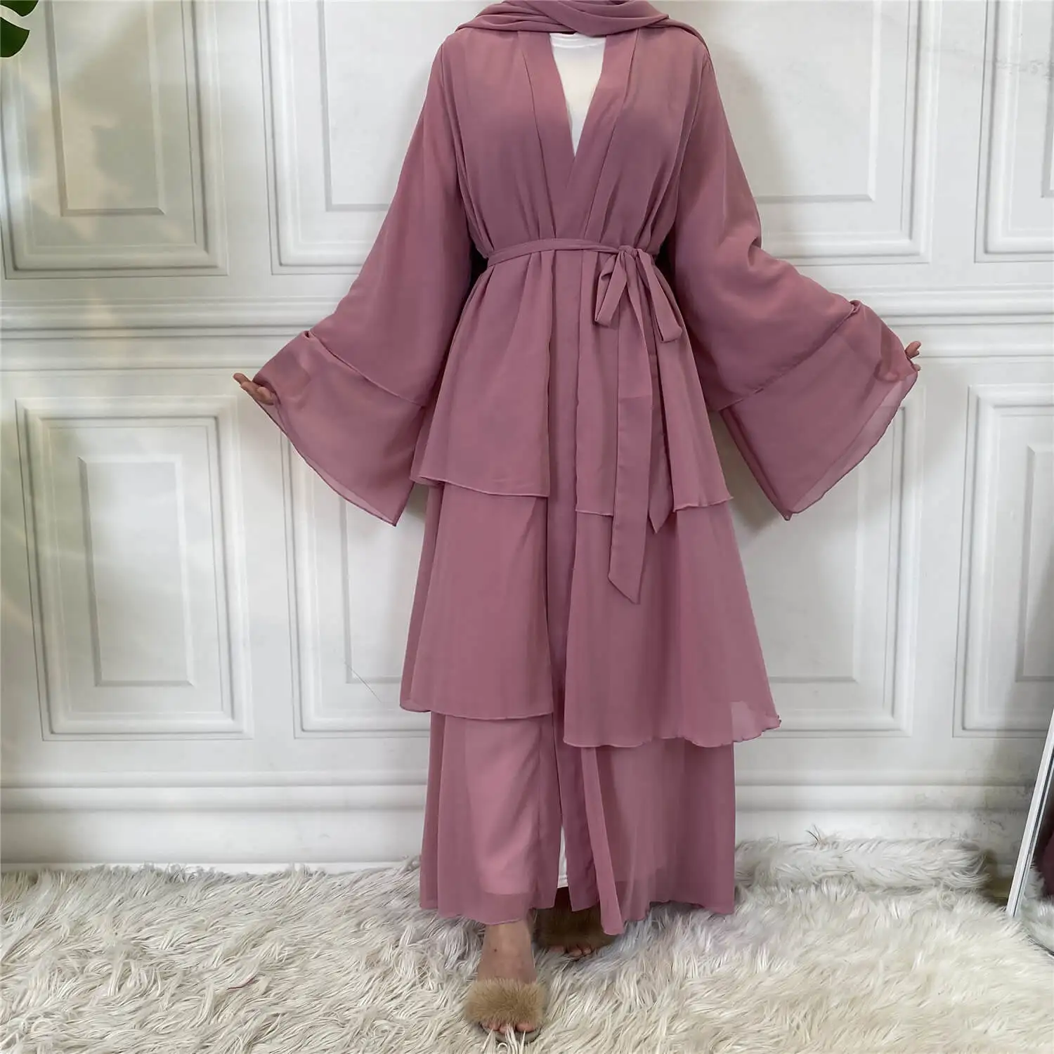 Dubai Turkey Arab Oman Elegant Chiffon Kimono For Women Muslim Chiffon Layered Open Abaya Dubai Abayas Dress Islamic Clothing