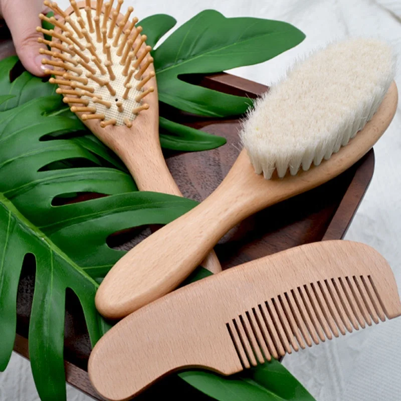 Wholesale 5PCS Natural bambo LOGO Goat Bristle  Silicone Bath Brush Wood  Newborn  Shower bamboo Baby Hair Brush and Comb Set