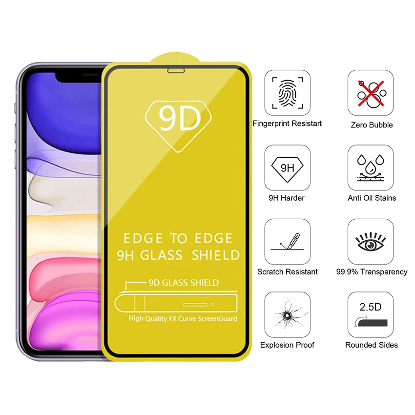 Протектор экрана из закаленного стекла 9d 21d для iPhone 15 14 13 12 11 Pro Max X XS XR 9D