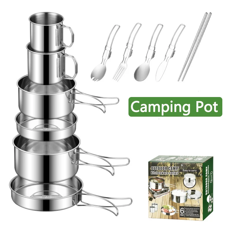 Outdoor Camping Picnic Stainless Steel Cookware Cooking Pots and Pans Mugs and Cutlery Camping Cookware Mess Kit