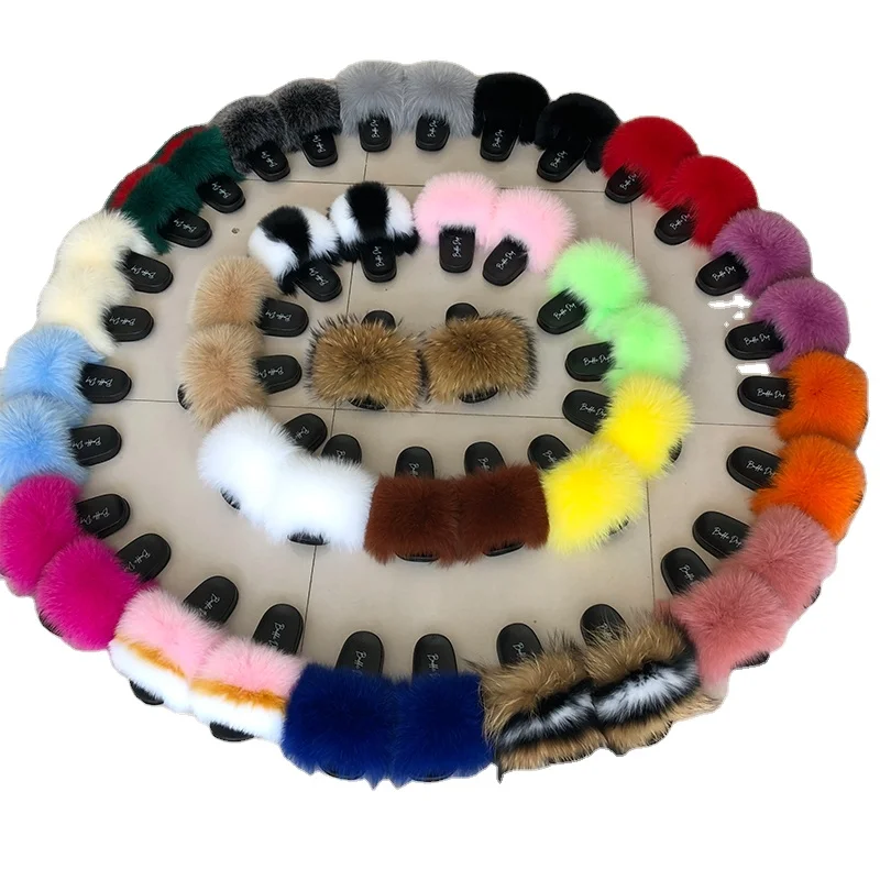 
raccoon fox fur slides for women fur slippers for women 