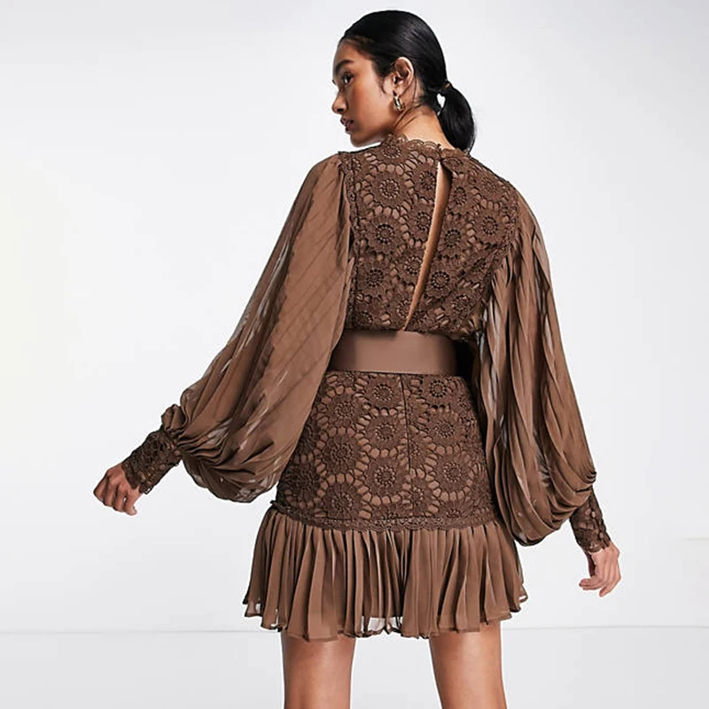 High quality stylish lace mini dress pleated sleeve hem work elegant dresses with satin belt