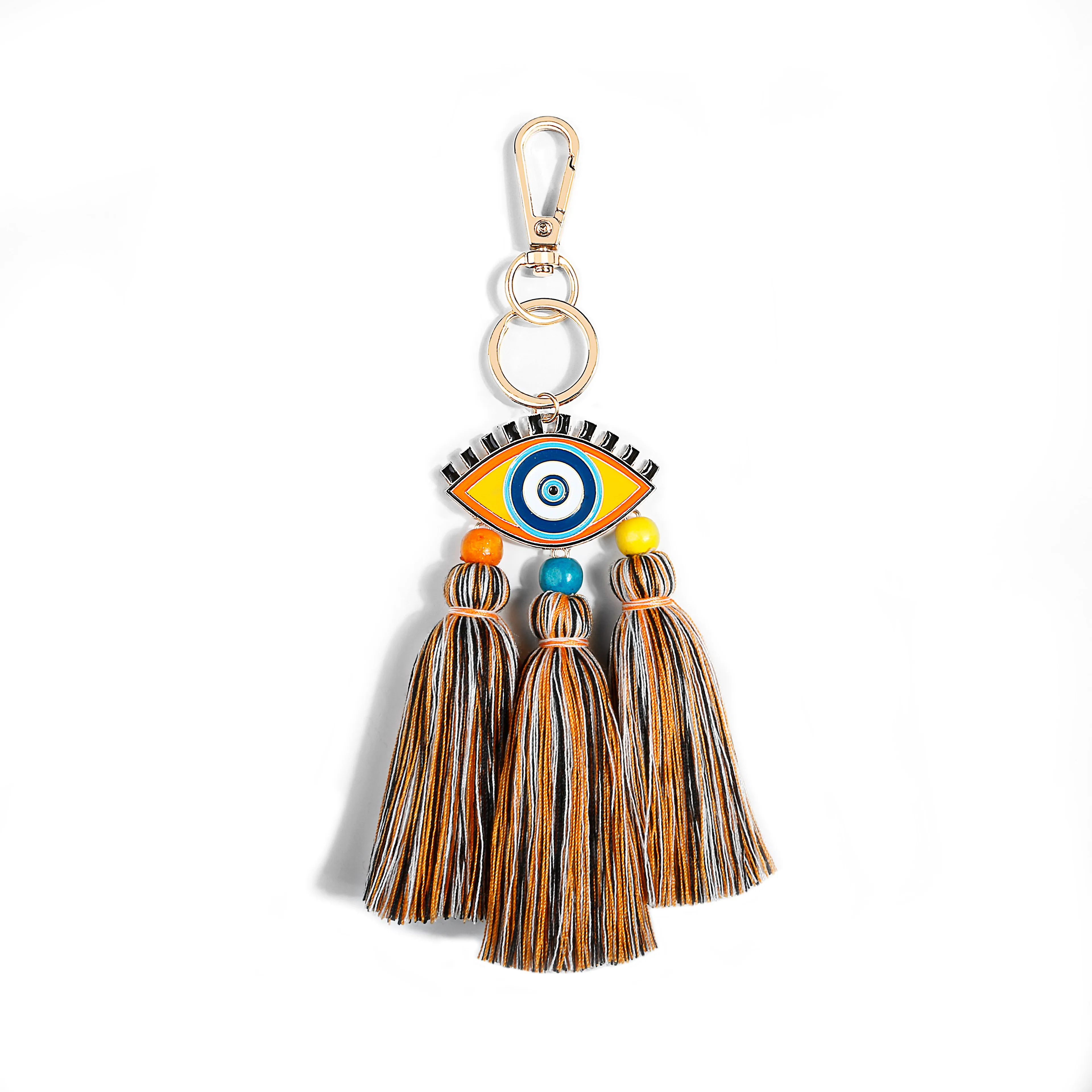  New design fashion personalized enamel devil eye 100% cotton tassel macrame keychain bag charm for