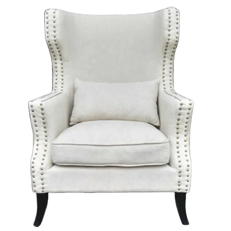 5 Star Hotel Rivets Decoration High Back Wing Chair Fabric Upholstered White Leisure Chair
