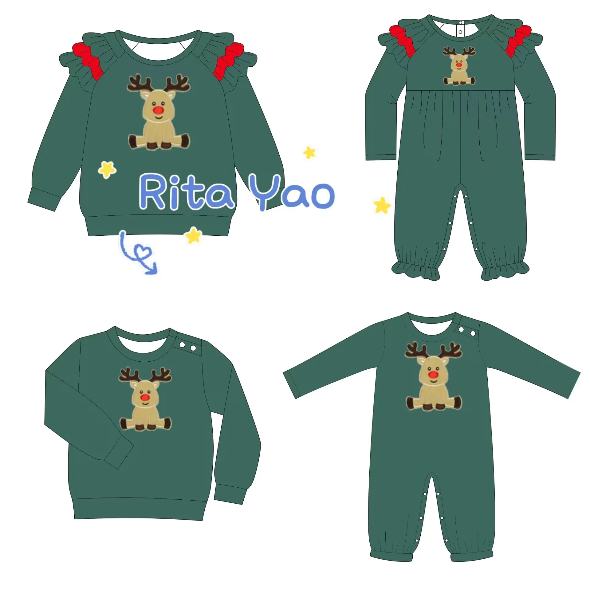 Christmas green baby long sleeve clothing set reindeer applique baby romper kids girl flutter sleeve top shirt boy pullover