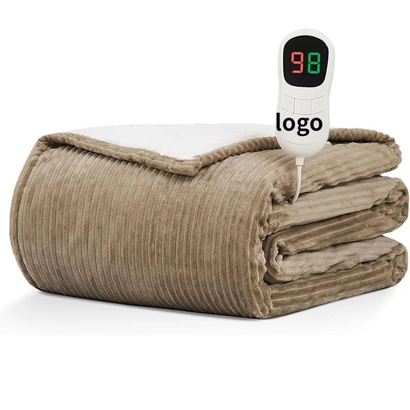 Factory wholesale rechargeable Luxury fleece flannel stripe sherpa winter Thermal Electric Heated Throw Blanket pad for winter