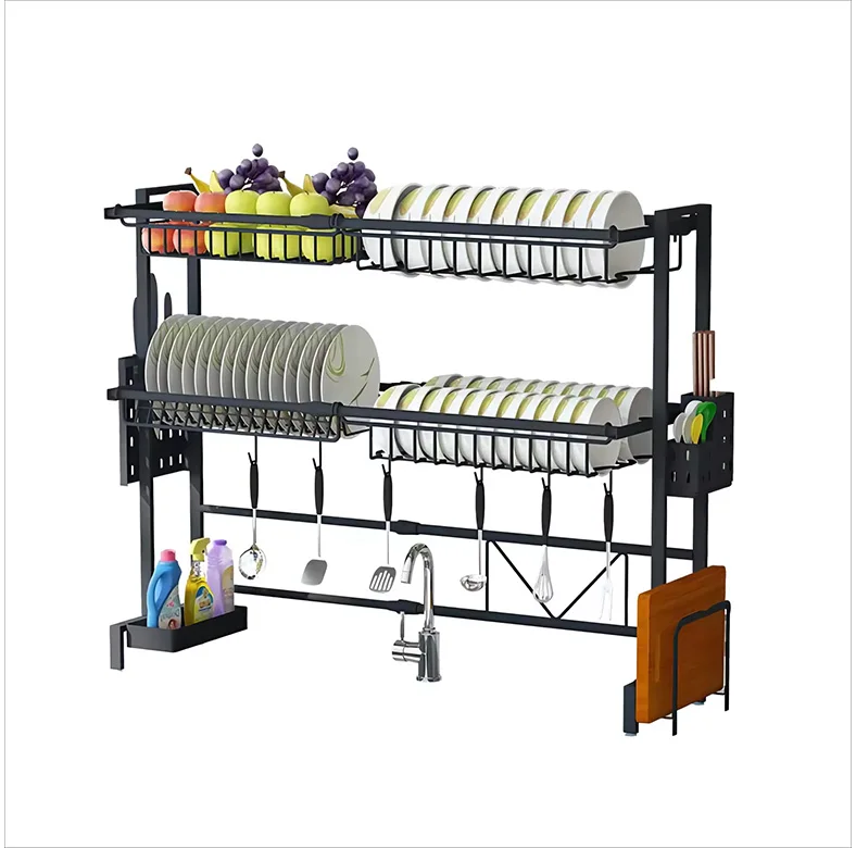 Metal Stable Draining Rack Dishes Plates Holder Extendable in Length Kitchen Sink Storage Rack Multifunction Carbon Steel Shelf