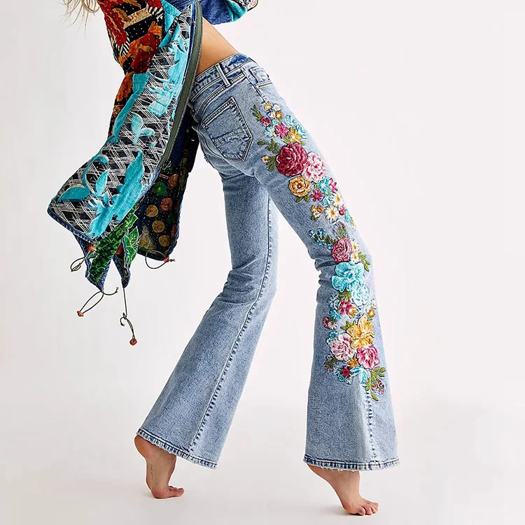 Женские узкие расклешенные джинсы с вышивкой и высокой талией, синие, лето 2021