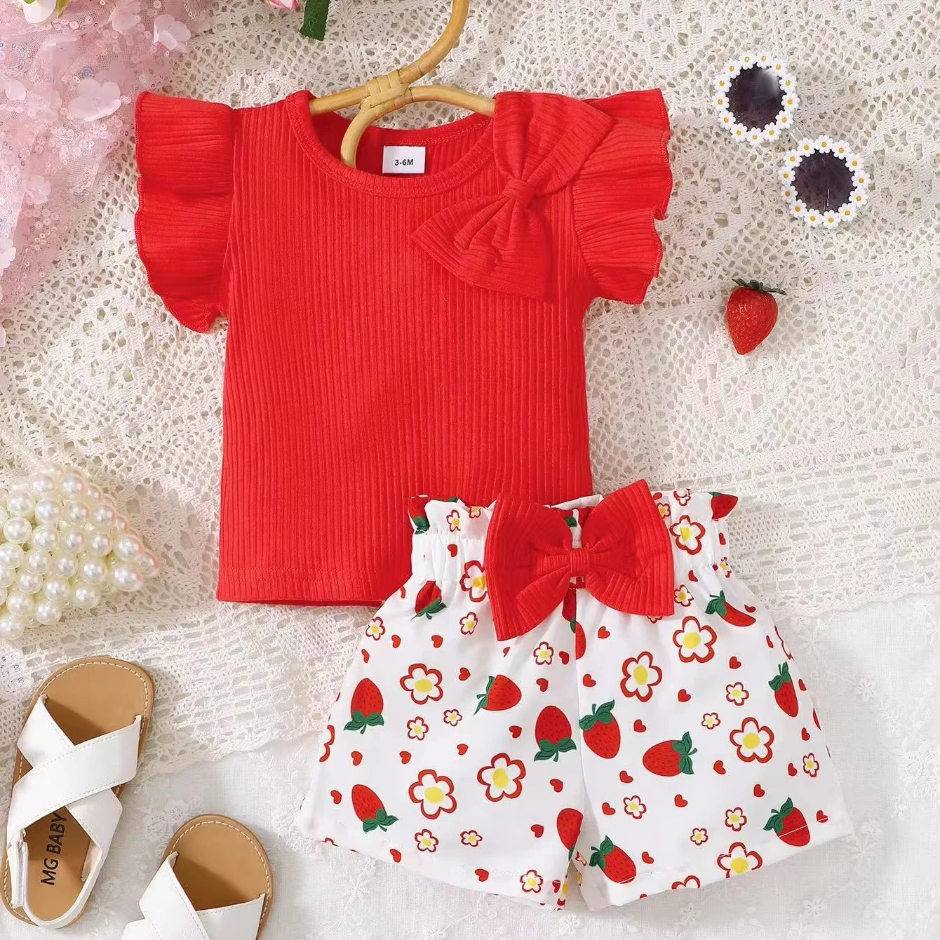 Hot Sale Summer Adorable 2Pcs Outfit Set for Baby Girls Sleeveless T-shirt +Strawberry Print Shorts Infant Newborn Clothes
