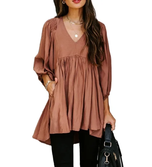Smocked Babydoll Pocketed Top Relaxed Fit V Neck Shirred Three Quarter Lantern Sleeve Blouse Shirt / Blouse for Women Casual
