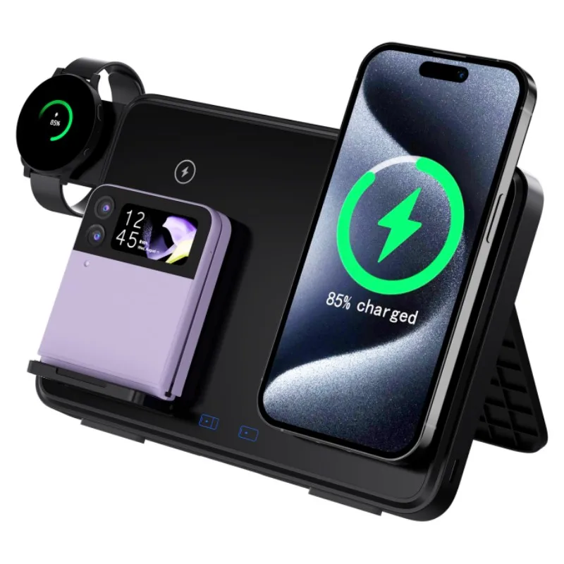 Best Selling 15W Night Lamp Multifunctional Watch Station Custom Mobile Phone Stand 4 in 1 Folding Wireless Charger Bracket Logo