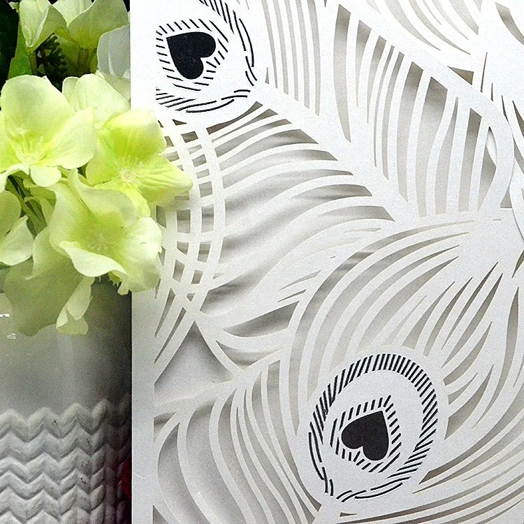 Custom Laser cut peacock feather design laser paper party supplies wedding invitations card with envelopes set