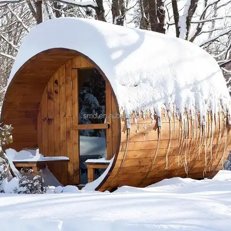 Outdoor Spruce Barrel Sauna With Panoramic Window And Steam Room For 6 persons