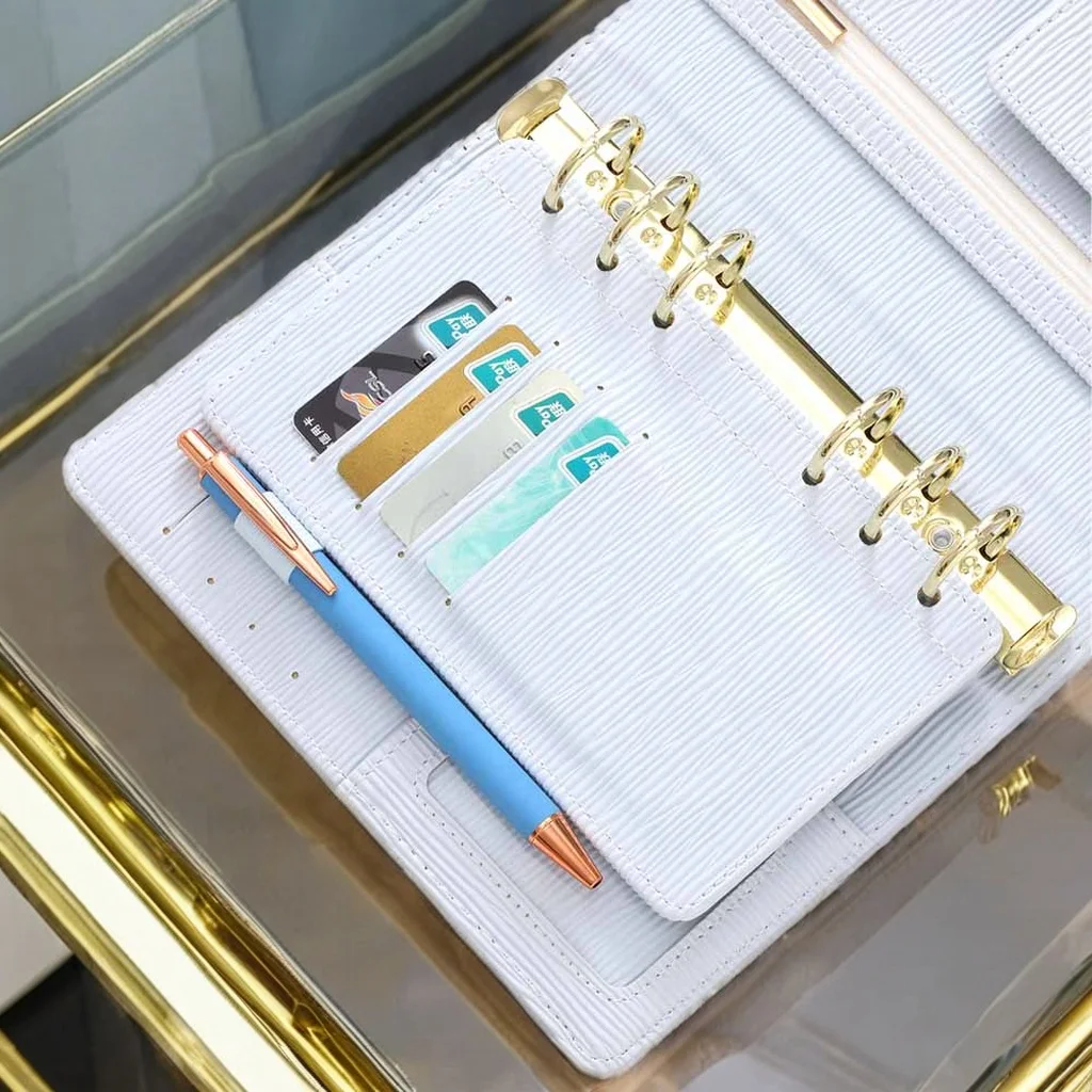 Hongbo Best Selling 17-Color School/Office/Xmas Gift A6 Saffiano Epi Binder Loose Fly Leaf Dashboard with Card Slots & Pen Loop