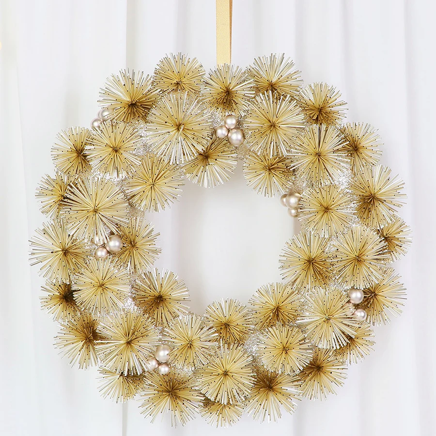 Wholesale champagne gold Christmas Wreath with glitter pompom flower Home pendants