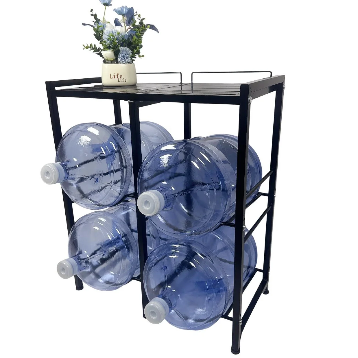 Floor Standing Black Metal Water Bottle Stand Shelf Holder with Upper Storage Board for 4pcs Gallon Drinking Bottled Water