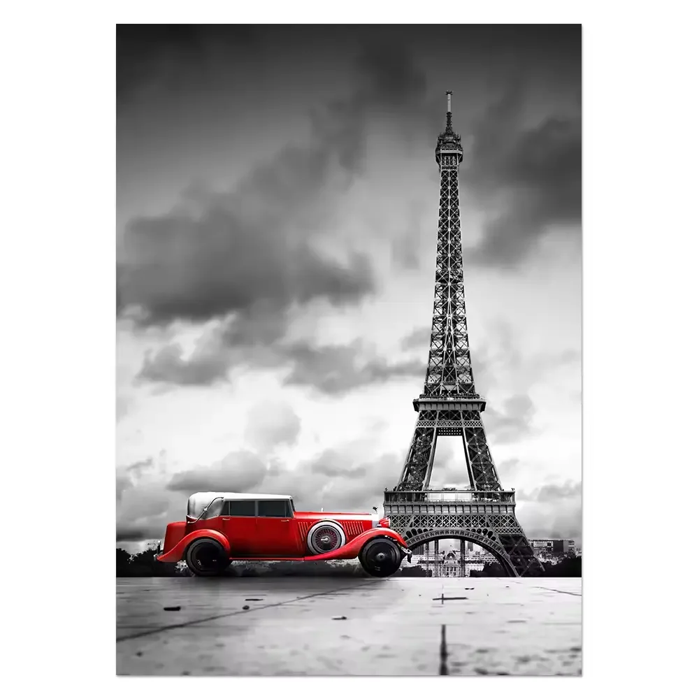 Hot sale Digital Print High Definition Paris Eiffel Tower Red Car Landscape Canvas Painting For Home Decoration