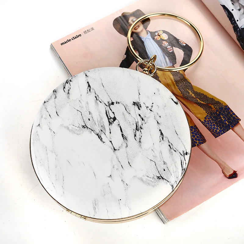 
New Deign Marble Vein Fashion PU Leather Round Shape Evening Clutch Bag Metal Frame Clutch Bags Wedding Party Purse 
