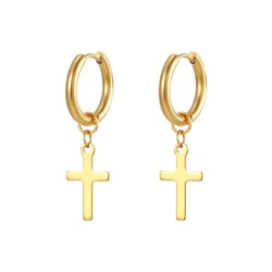 Christian Mens Ear Clips Jewelry Cross Earrings Stainless Steel Small 18K Gold Plated Hoops Earrings For Men Women