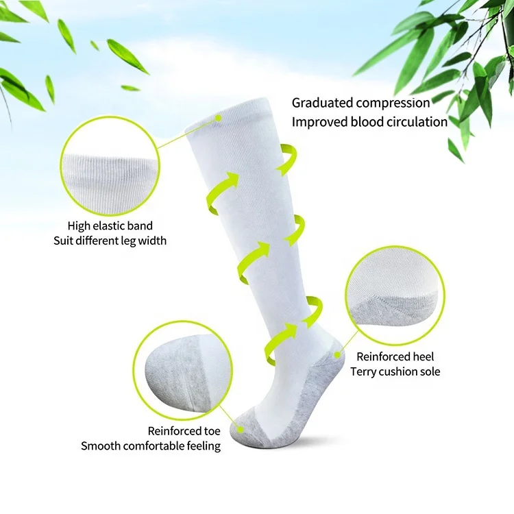 Custom bamboo spandex socks manufacturers anti-odor breathable 15-20mmhg white compression bamboo fiber silver socks for work