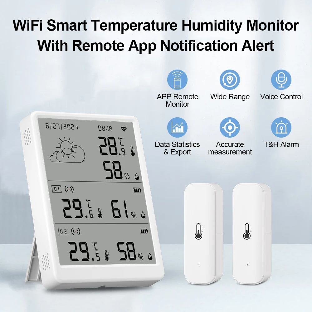 Tuya WIFI Weather Station Big LCD Screen Display Temperature&Humidity Monitor compatible with RF433 Temperature humidity sensor