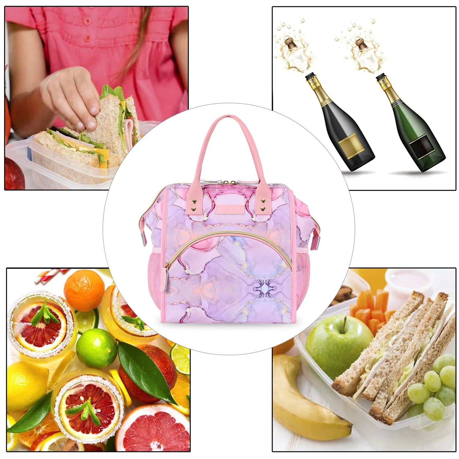 Lokass 2022 Latest Design Color Matching Picnic Bag Custom Logo Pattern Marble Pink Outdoor Fishing Fresh-keeping Lunch Bag