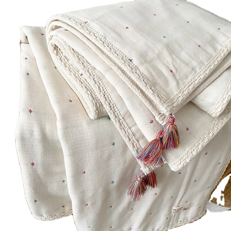 Manufacturer Wholesale Custom embroidery 6 layers 100% Organic cotton Muslin Baby Swaddle Blanket With Tassel