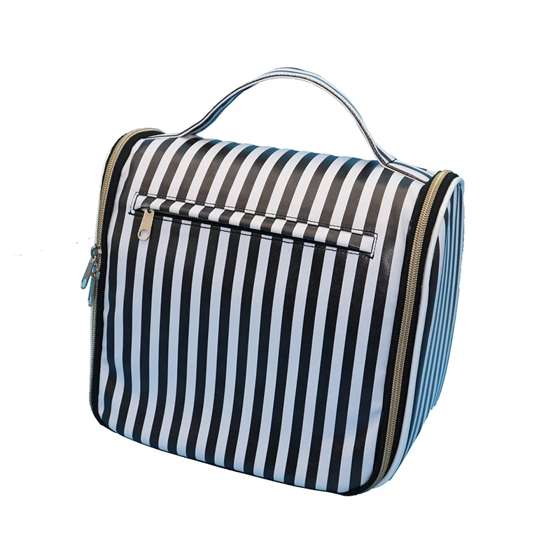 Custom Waterproof Make PU Stripe Travel Hanging Makeup women Cosmetic Leather toiletry bag