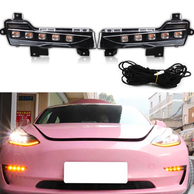 CREEASE New Car Accessories Daytime Running Light Front Fog Lamp Flowing Turn Signal LED DRL For Tesla Model 3 2019 2020 2021