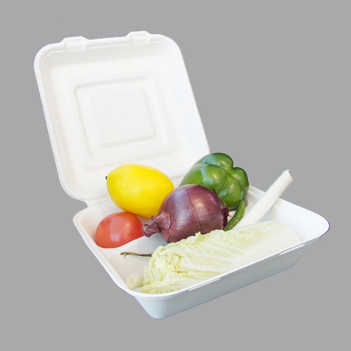 9*9inch 100% biodegradable sugarcane bagasse restaurant fast food takeaway food container 3 compartment lunch box