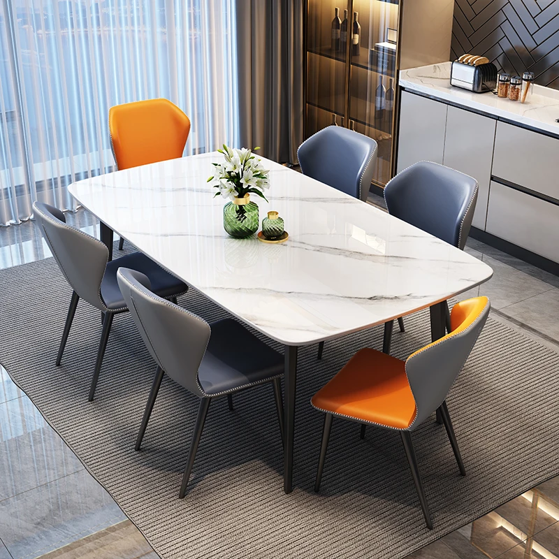 HANYEE Nordic Luxury Modern Home Restaurant Dining Room Furniture Set 4 6 Seater Marble Sintered Stone Top and Metal Leg Base