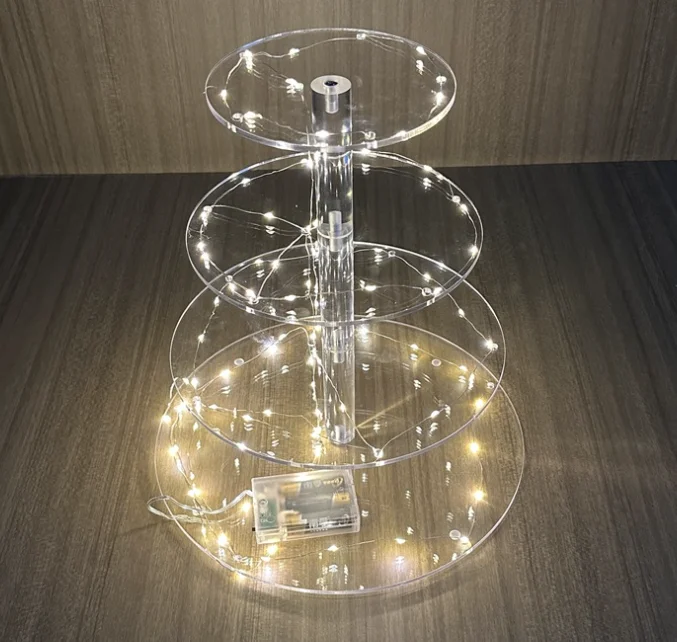 Gaojian 4 tier Clear Round Acrylic LED Lights Cake Stands for Wedding Birthday Cakes Festive Party Cake Display Racks