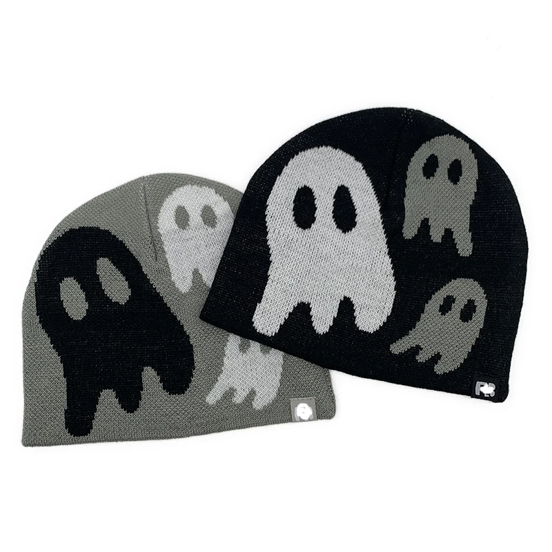 Unisex Halloween Skull Ghost Jacquard Knit Hat Beanie Winter Slouchy Toque Warmth Festive Party Caps Adults Kids Winter Gift